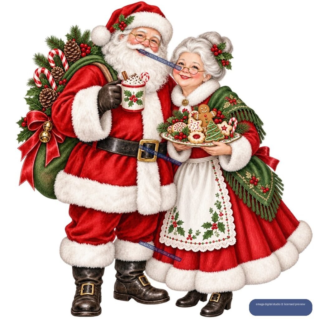 Santa Claus and Mrs. Claus in red and green festive clothing, holding a decorated mug and tray of Christmas cookies, surrounded by holiday greenery.