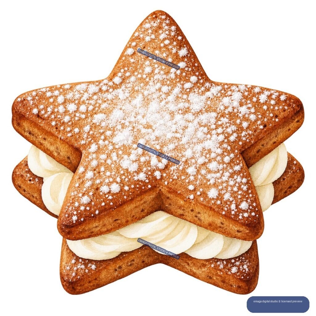 Stacked star-shaped gingerbread sandwich cookies with pale cream filling and white sugar sprinkles.