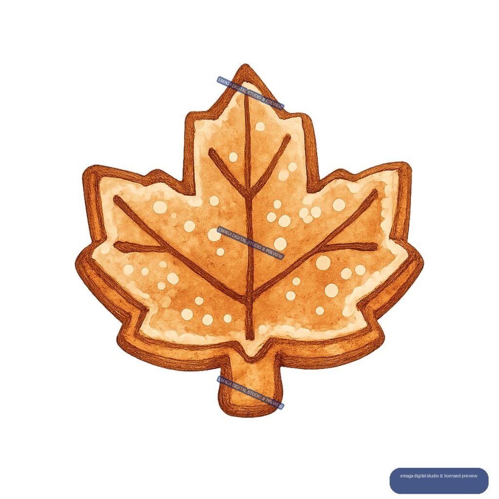 Watercolor-style maple leaf cookie with dark outlines, pale icing edges, leaf veins, and white round sprinkles.