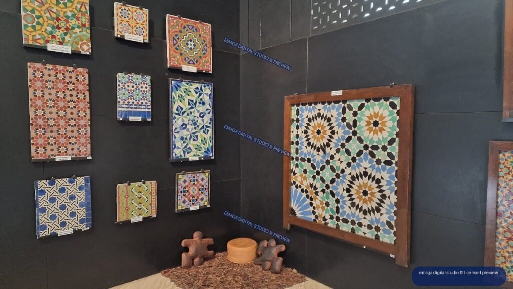 Colorful Geometric Tile Panels Displayed on a Dark Exhibition Wall — Casablanca, Morocco