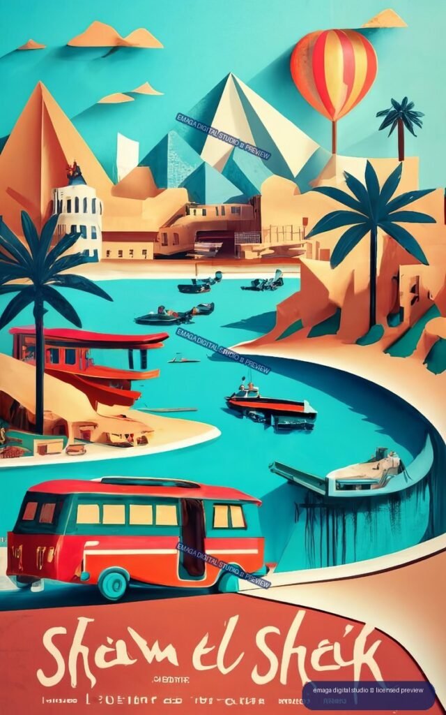 Retro travel poster showing Sharm El Sheikh with turquoise water, boats, a bus, palm trees, mountains, and a striped hot-air balloon.