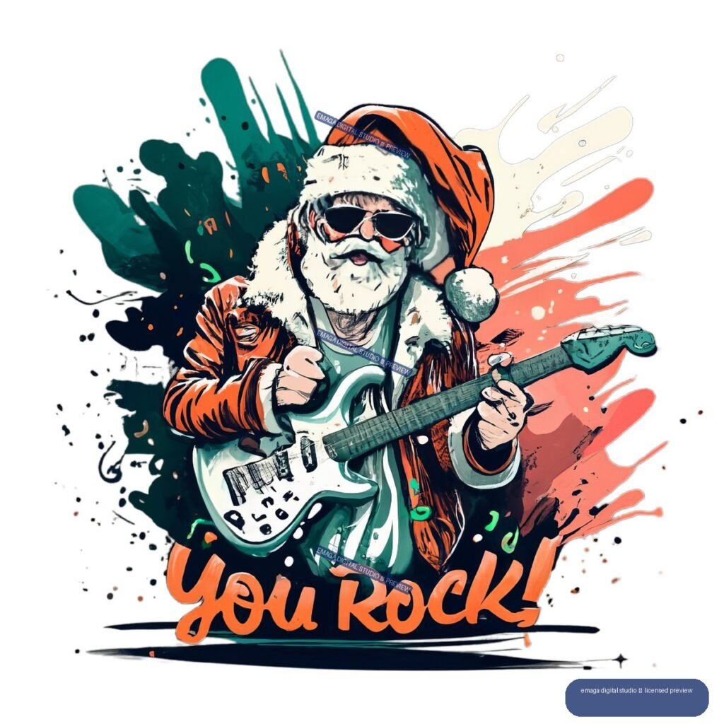 Stylized Santa Claus in sunglasses playing a white electric guitar, with colorful paint splashes and orange “YOU ROCK” lettering.