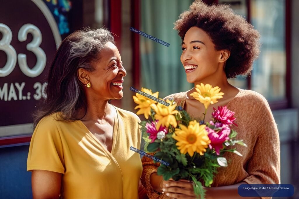 Two smiling Black women share a colorful bouquet outdoors in a Mother’s Day scene.