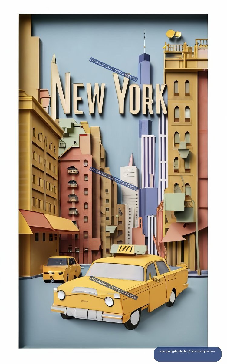 Stylized New York City poster with large NEW YORK lettering, colorful buildings, and two yellow taxis on a city street.