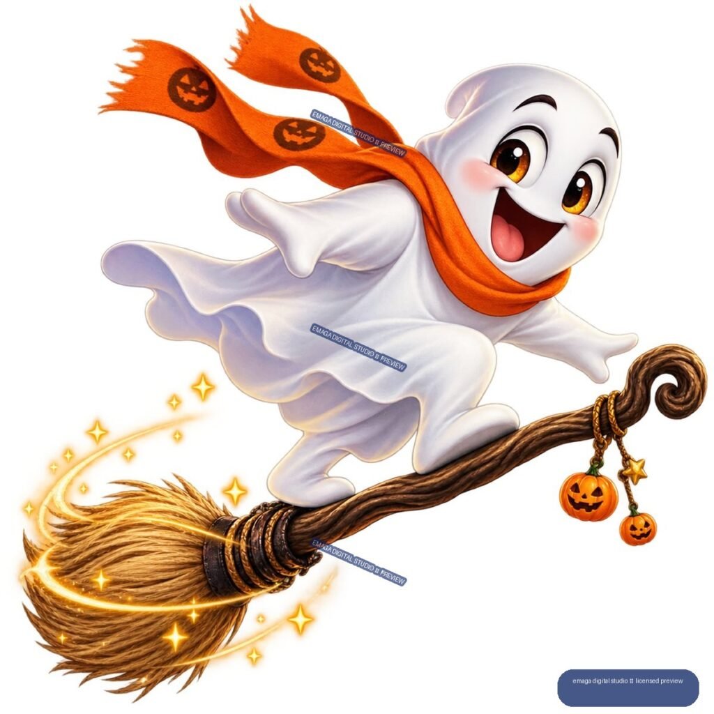 Cheerful white cartoon ghost with an orange Halloween scarf flying on a sparkling broomstick with pumpkin charms.