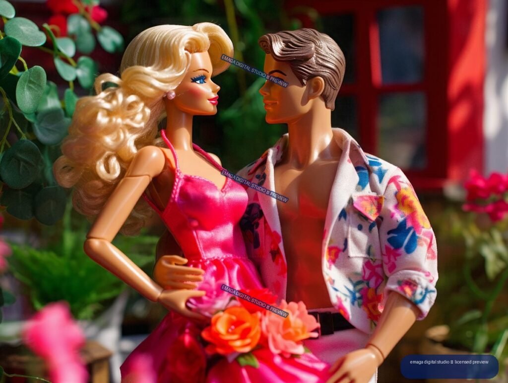 Two fashion dolls pose closely together in a colorful sunlit garden, one wearing a pink dress and the other a patterned white shirt.