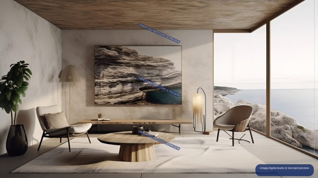 Minimalist living room with wood furniture, lounge chairs, large windows, and a rocky ocean view.