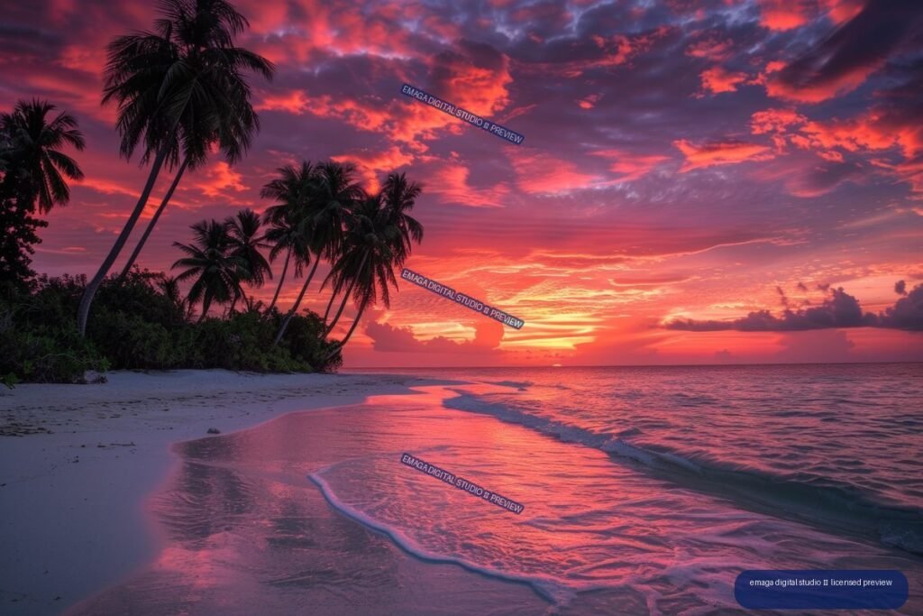 Palm tree silhouettes frame a tropical beach as vivid pink, orange, and purple clouds glow above the calm ocean at sunrise.