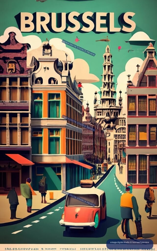Stylized Brussels city poster with large title lettering, varied architecture, pedestrians, and a red vehicle on a curving street.