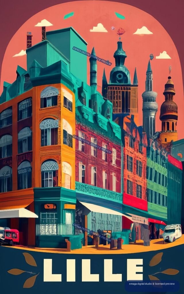 Illustrated travel poster for Lille showing colorful historic buildings, towers, domes, a coral sky, and large LILLE lettering at the bottom.
