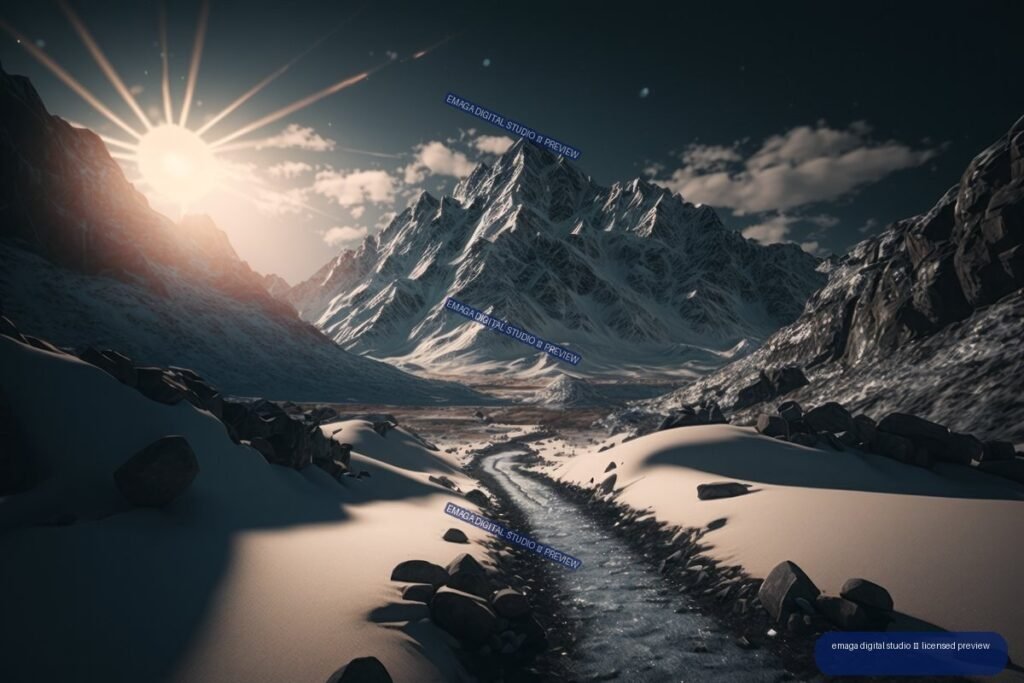 Snow-covered mountain valley with a winding stream or track, rugged peaks, dark rocky slopes, and low sunlight on the left.