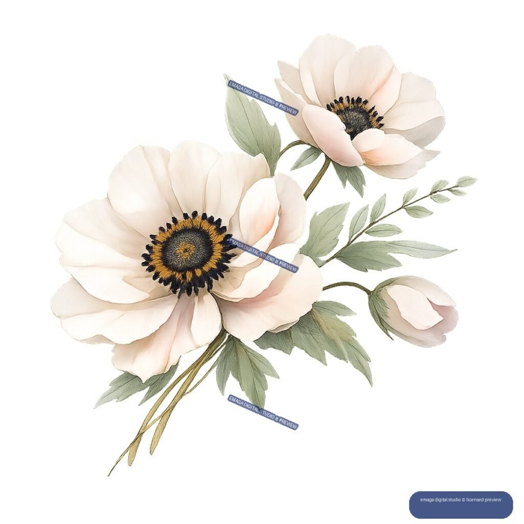 Watercolor illustration of two pale blush anemone flowers with dark centers, green leaves, stems, and a closed bud.