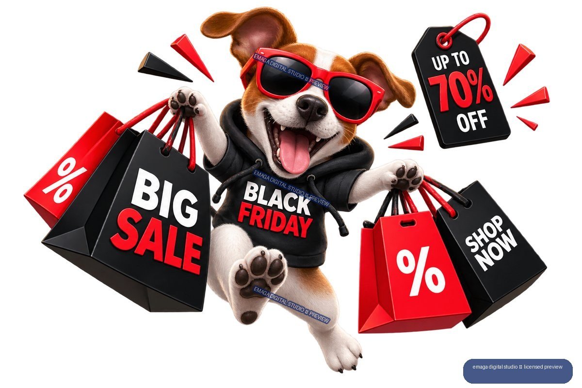 Cheerful dog in red sunglasses and black hoodie holding Black Friday shopping bags with sale and discount text.
