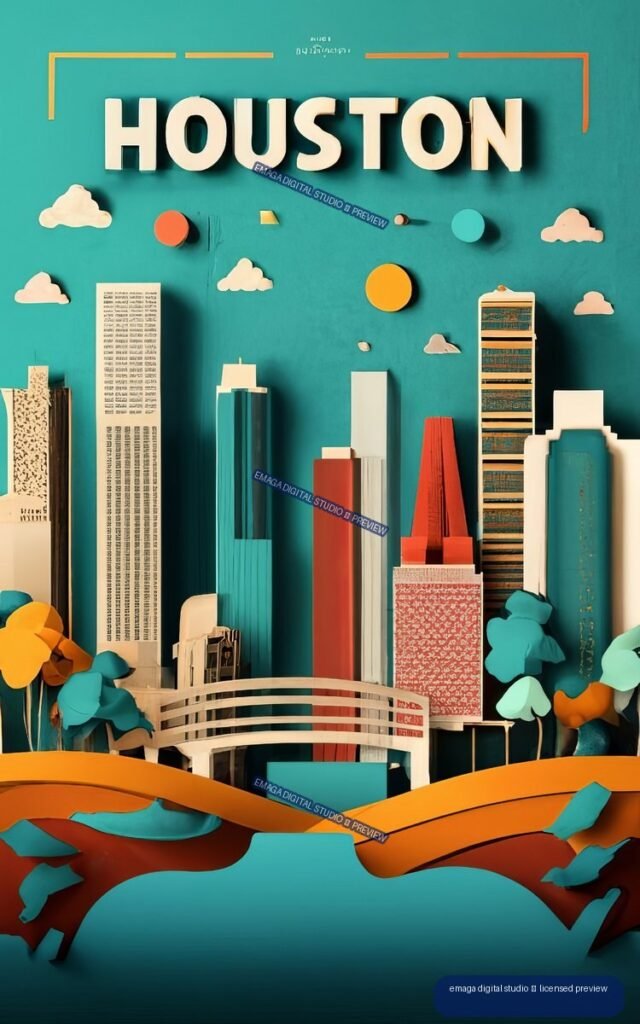 Stylized Houston travel poster with geometric skyscrapers, a curved bridge, trees, clouds, and orange and teal abstract foreground shapes.