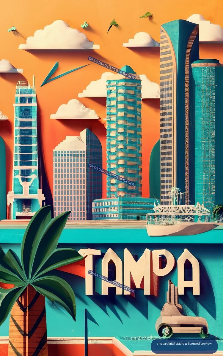 Stylized colorful Tampa skyline with tall teal skyscrapers, a white boat, tropical foliage, clouds, and large TAMPA lettering.