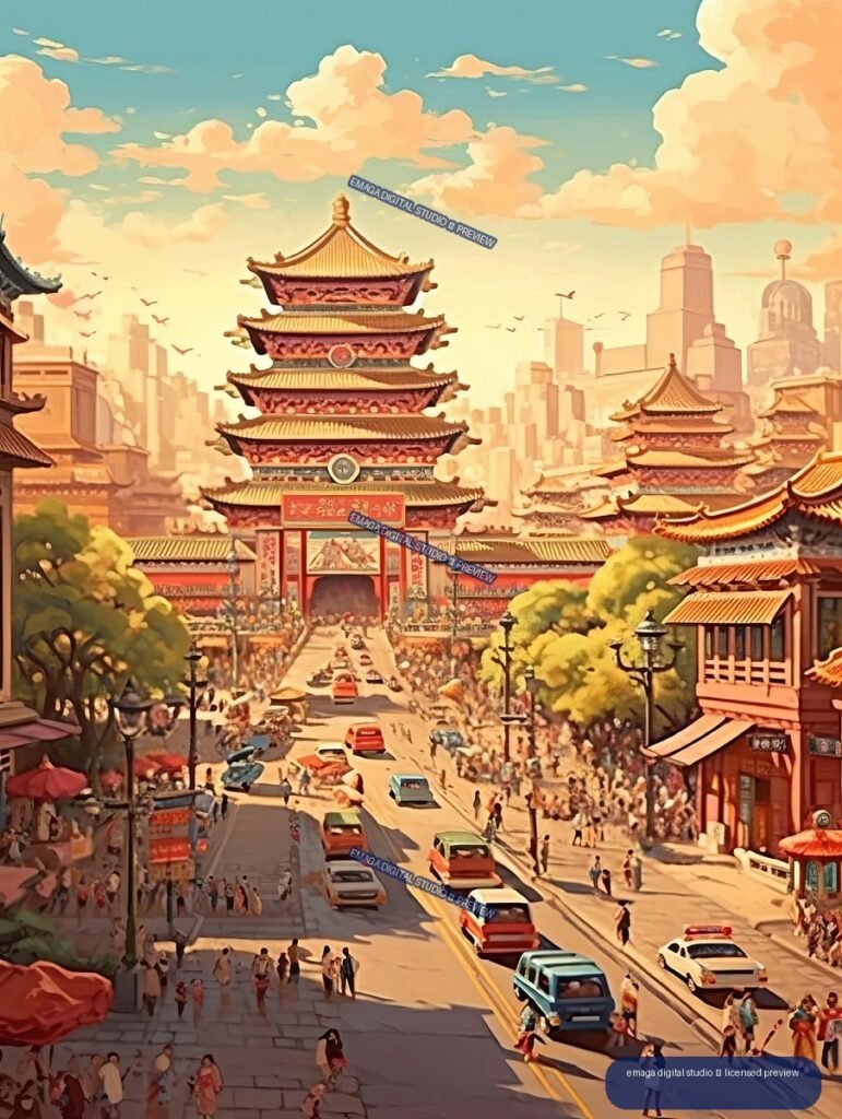 Illustrated Beijing scene with an ornate Chinese temple gate, crowded street, cars, skyline, trees, and warm cloud-filled sky.