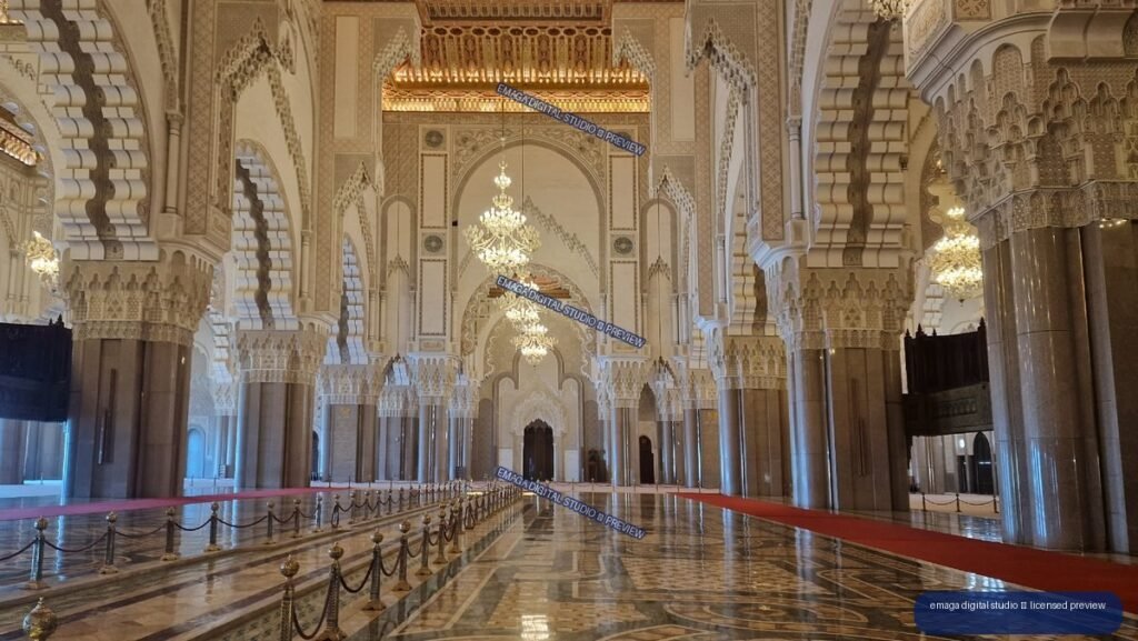 Ornate mosque interior with chandeliers, arches, and marble floor — Casablanca, Morocco