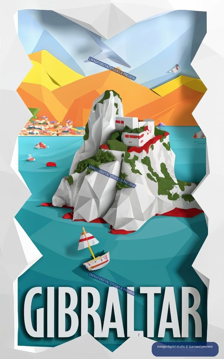 Geometric paper-art travel poster showing Gibraltar Rock, boats, turquoise sea, colorful angular cliffs, and the word GIBRALTAR.