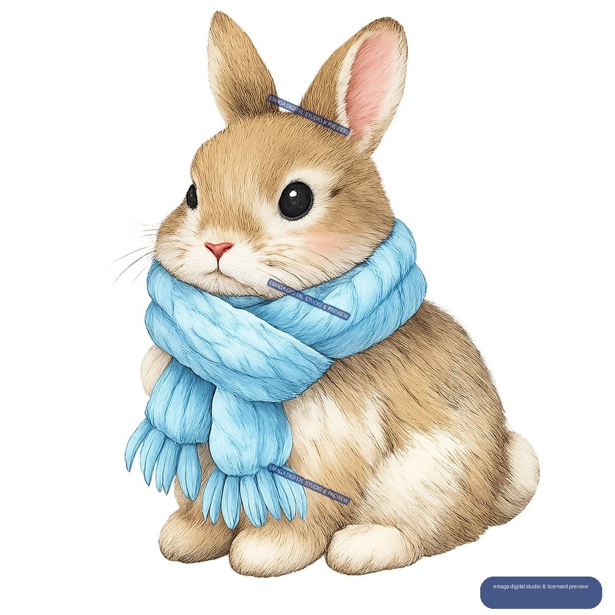 Tan rabbit with large ears wearing a bright blue knitted scarf, shown seated and isolated.
