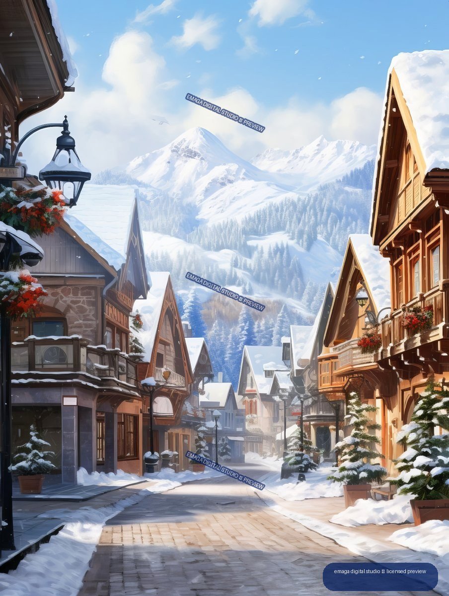 Snowy village street with alpine buildings, lanterns, and towering mountains beneath a blue sky.
