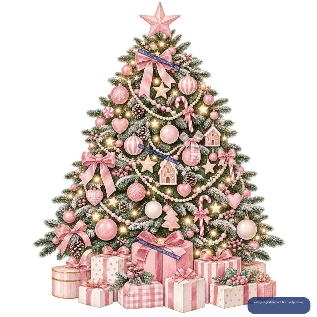 Watercolor Christmas tree decorated with pink ornaments, bows, lights, candy canes, stars, and wrapped presents at the base.
