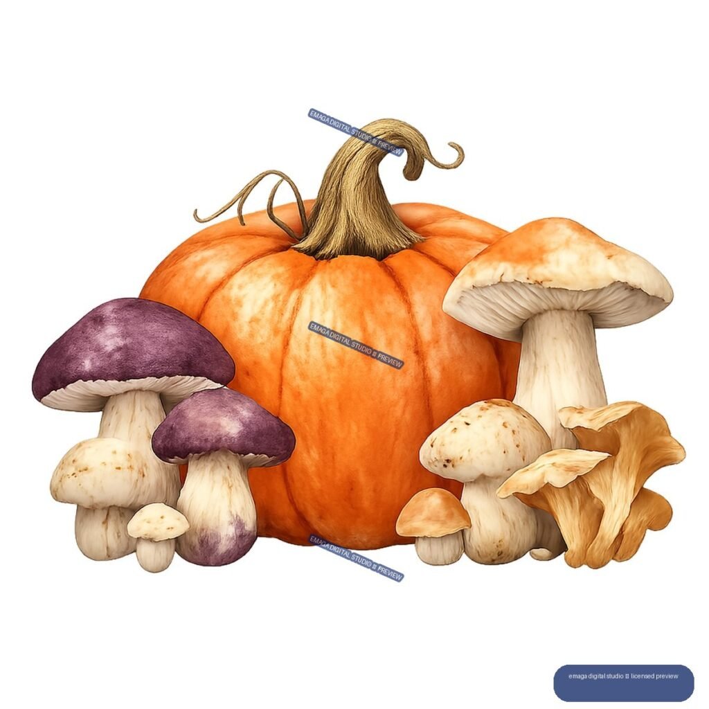Orange pumpkin with a curling stem surrounded by assorted purple, cream, and brown mushrooms.