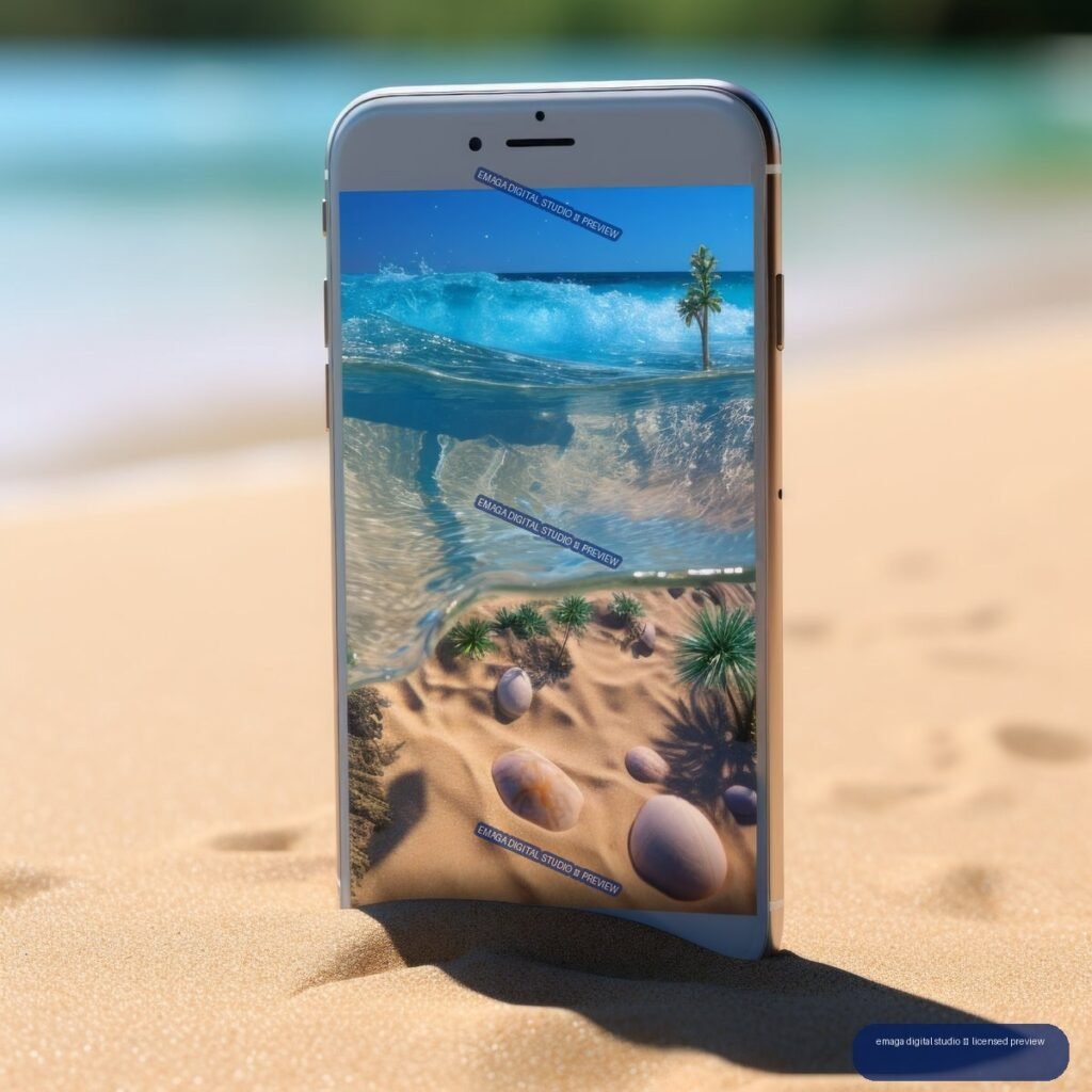 Vertical smartphone standing in beach sand, displaying turquoise waves, a palm tree, underwater rocks, and a sandy tropical shoreline.