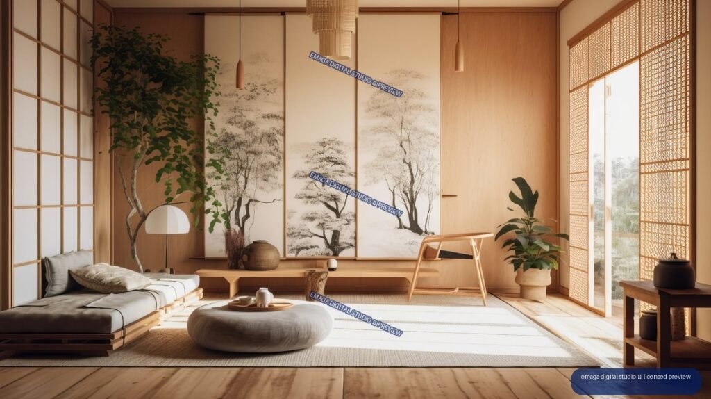 Warm minimalist Japandi living room with wooden floors, low seating, plants, tree artwork, and woven window screens.