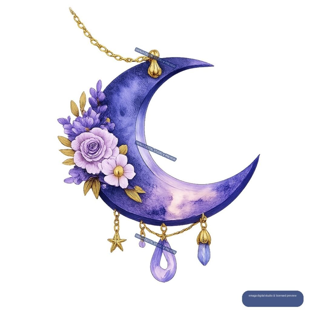 Decorative violet crescent moon pendant with purple flowers, gold chain, and dangling star and gemstone charms.