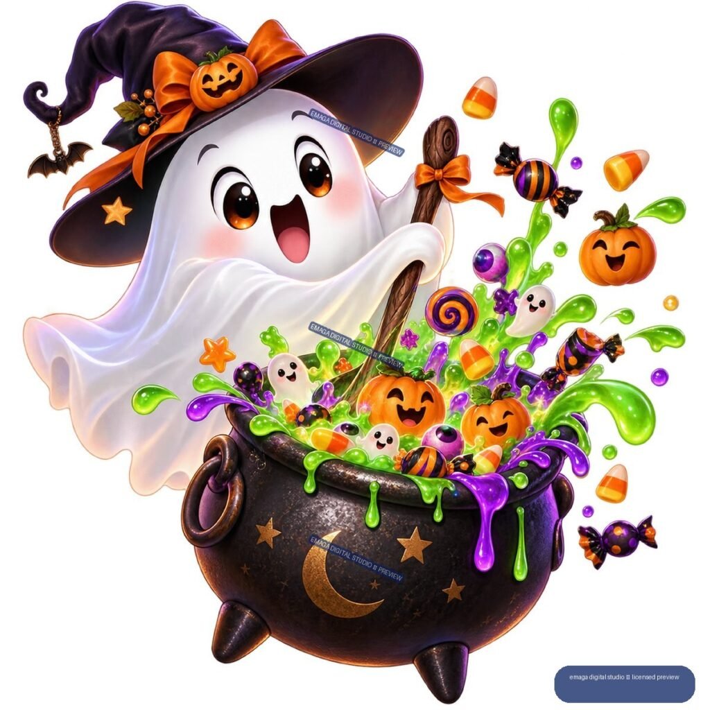 Smiling ghost in a purple witch hat holding a broom above a candy-filled cauldron with pumpkins, sweets, and colorful goo.
