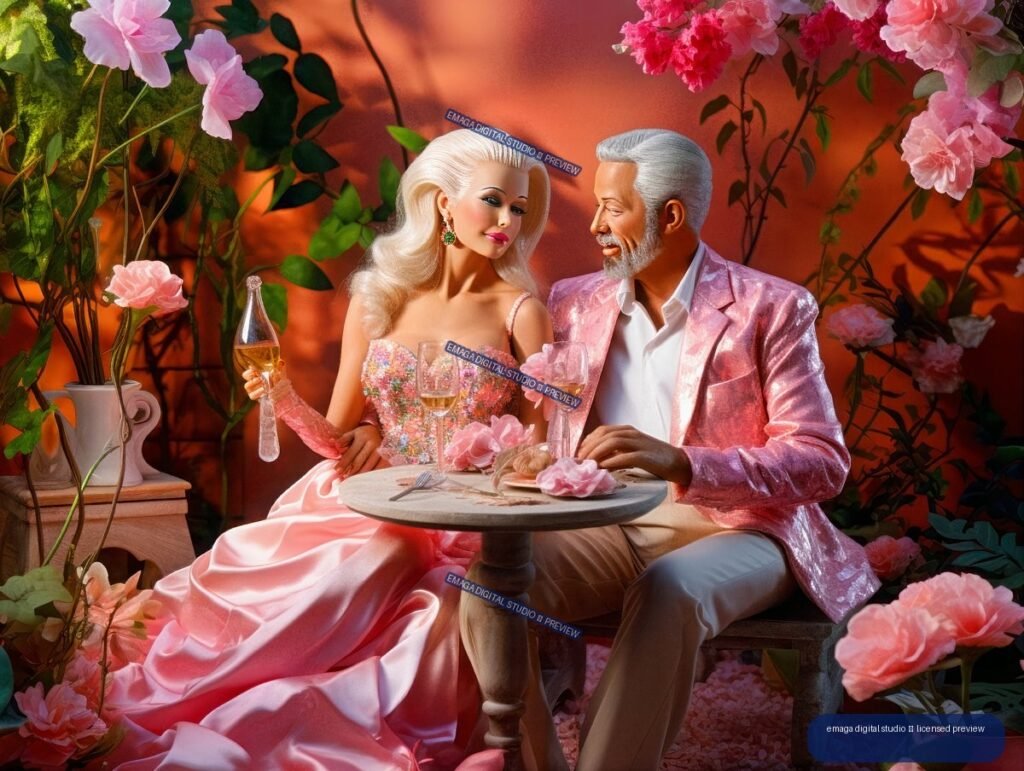 Silver-haired woman and bearded man in pink attire dining together at a flower-filled table, holding glasses.