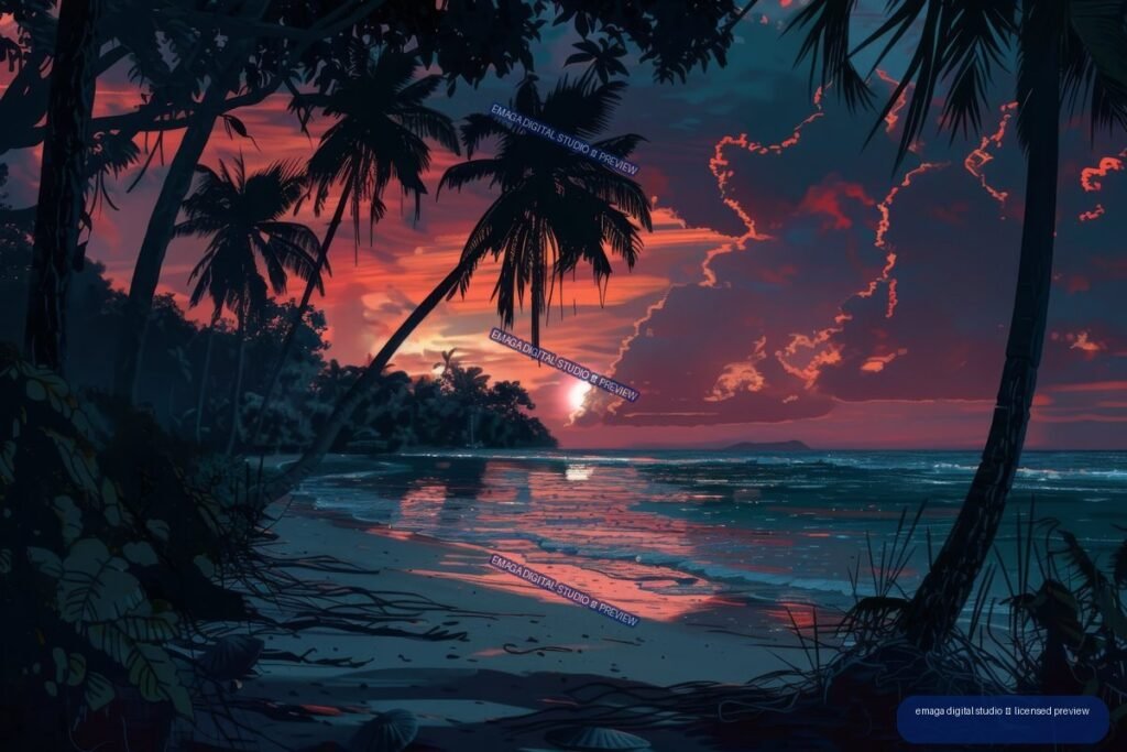 Stylized tropical beach at sunset with palm trees, dense foliage, calm ocean, reflected coral light, clouds, and a distant island.