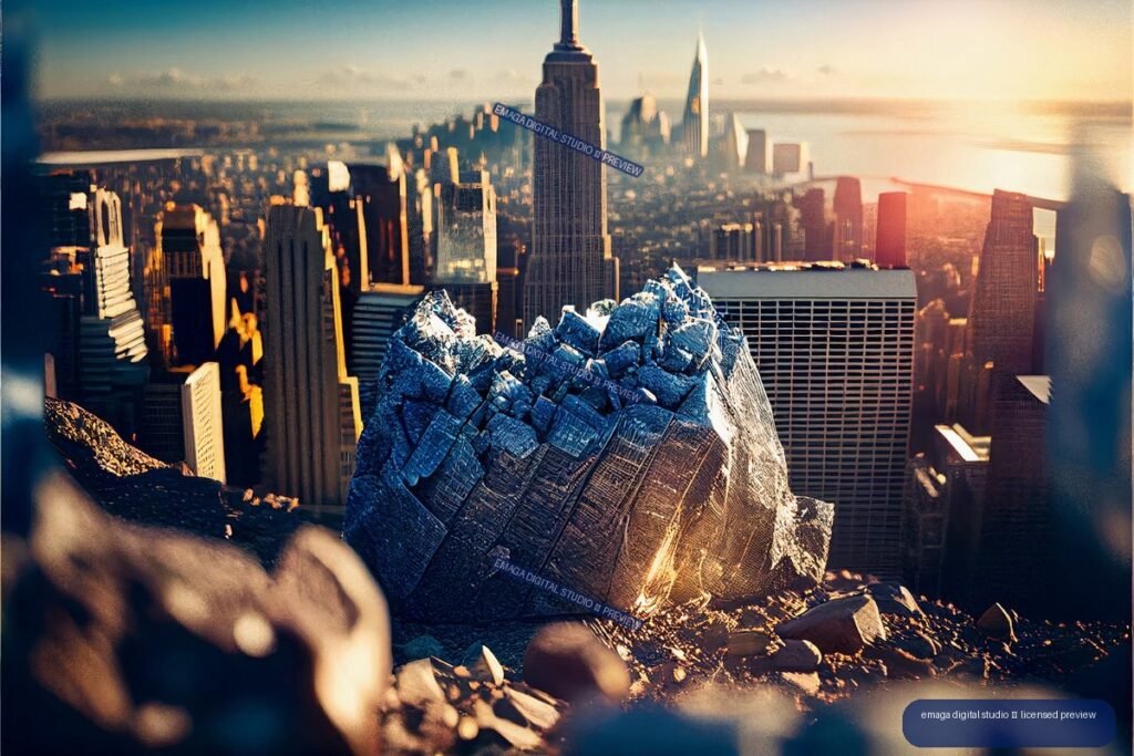 Reimagined Manhattan skyline at sunrise with the Empire State Building behind a large fractured rocky foreground form.