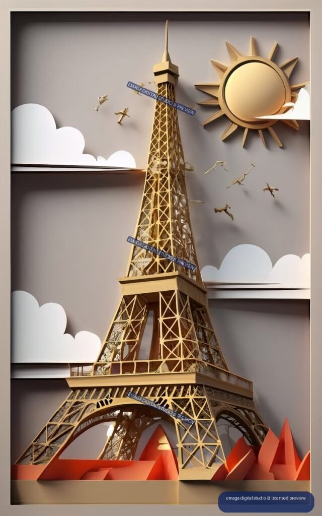 Layered paper-art diorama featuring a golden Eiffel Tower, clouds, birds, a sun, and red-orange geometric shapes.