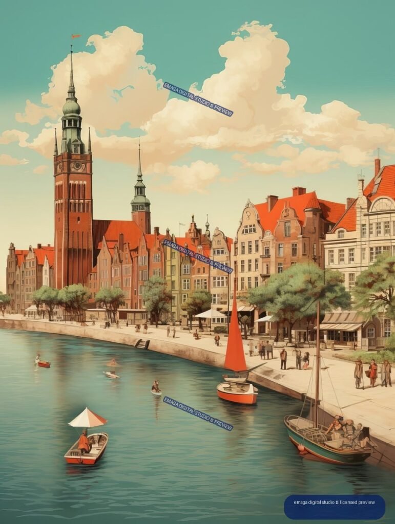 Vintage-style illustration of Gdańsk waterfront with historic buildings, church towers, boats, and pedestrians under a turquoise sky.