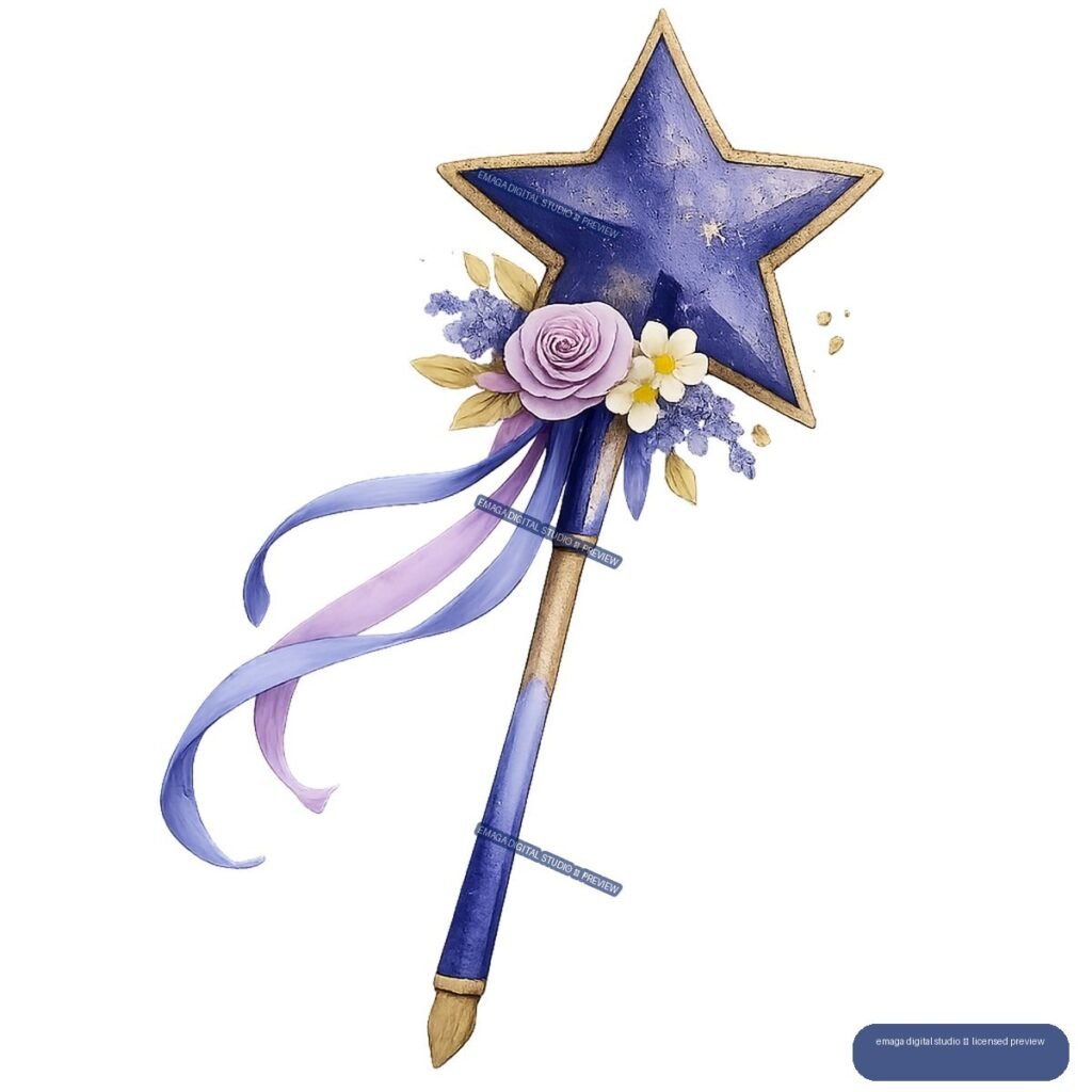 Decorated blue star wand with gold trim, flowers, leaves, and flowing lavender and blue ribbons.