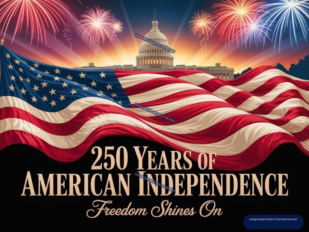 Illustrated patriotic poster showing a waving American flag, the U.S. Capitol, fireworks, and text commemorating 250 years of American independence.