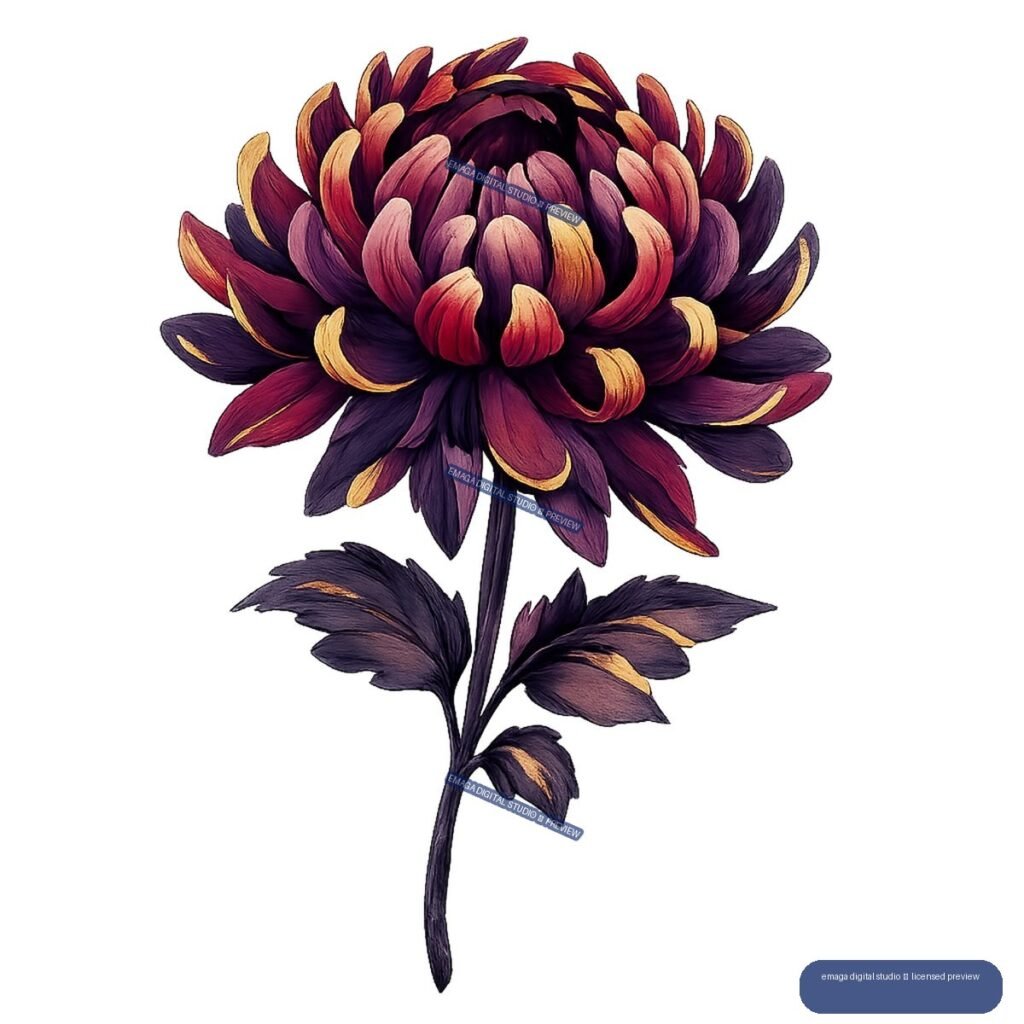Dark purple, burgundy, and gold chrysanthemum-like flower with leaves and a small bud on a slender stem.