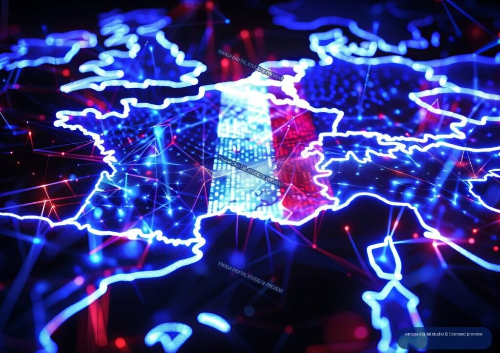 Glowing electric-blue outline of France over a dark digital network with red and blue lights.