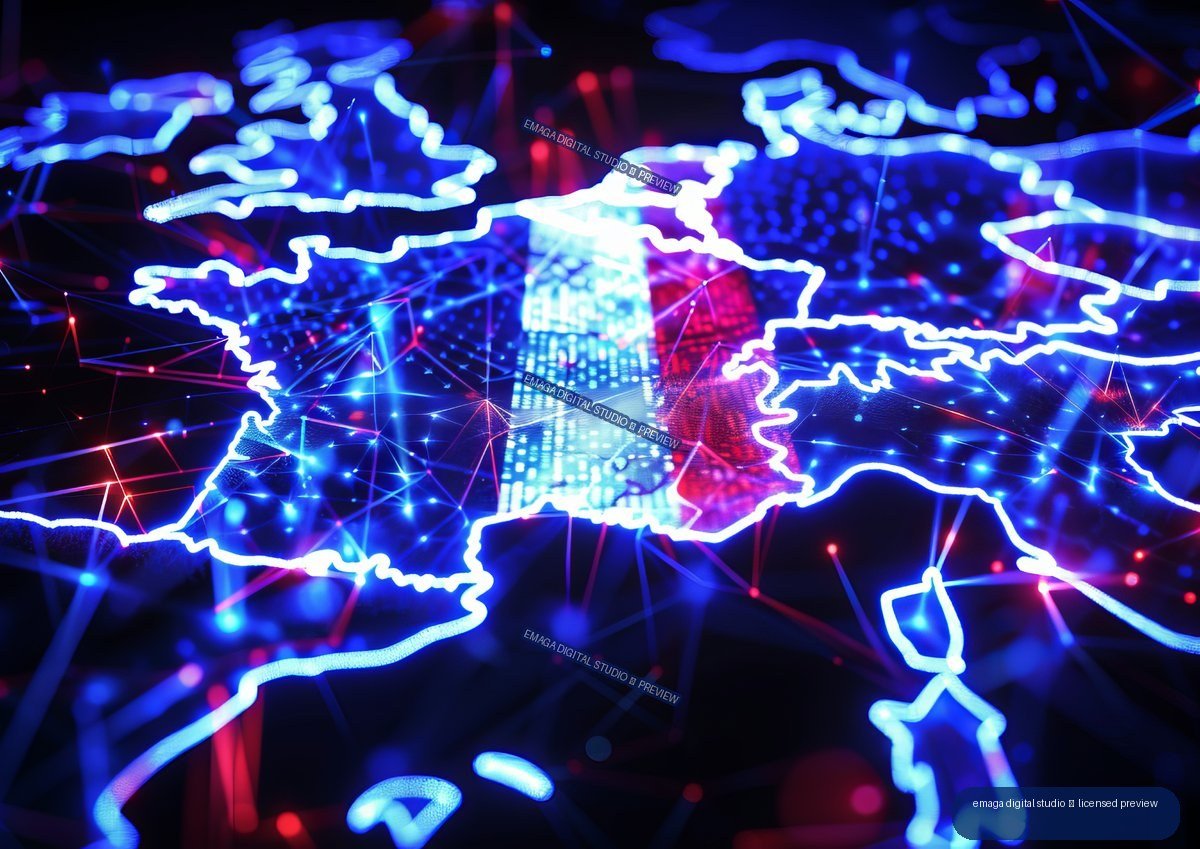 Glowing electric-blue outline of France over a dark digital network with red and blue lights.