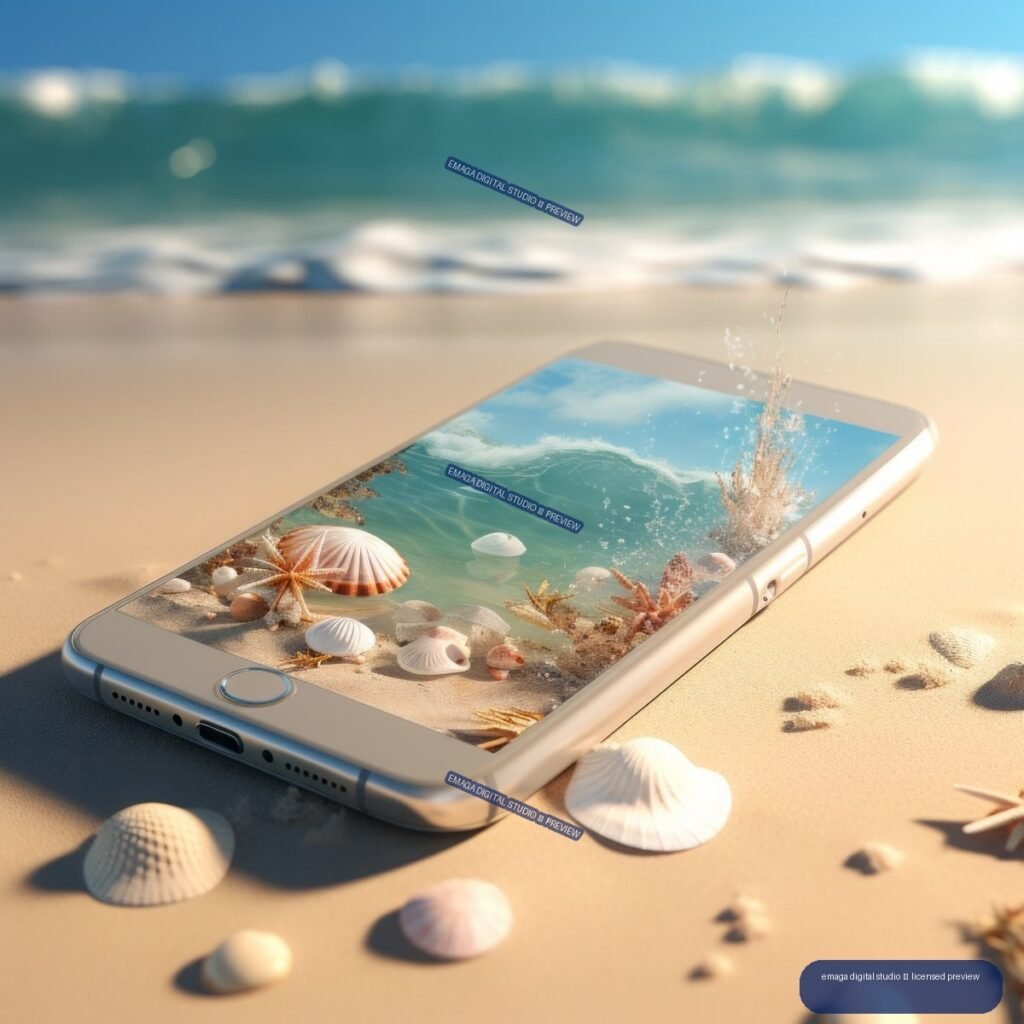 Smartphone lying on beach sand among seashells, with ocean waves and a tropical shoreline scene displayed on its screen.