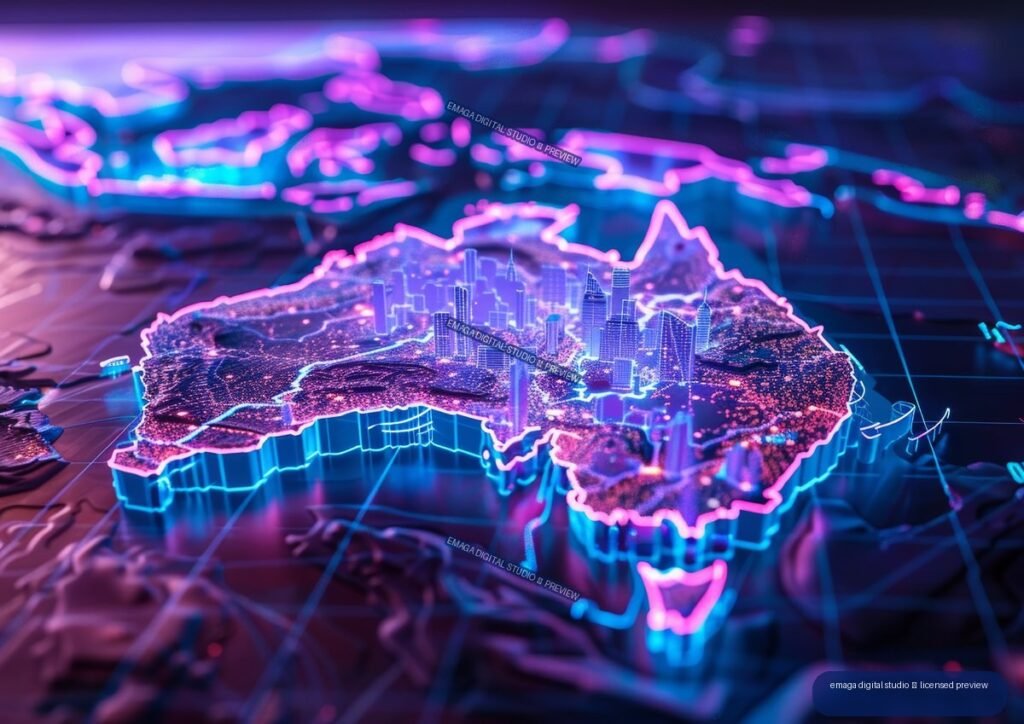Glowing cyan and magenta holographic 3D map of Australia with translucent skyscrapers on a dark neon grid.