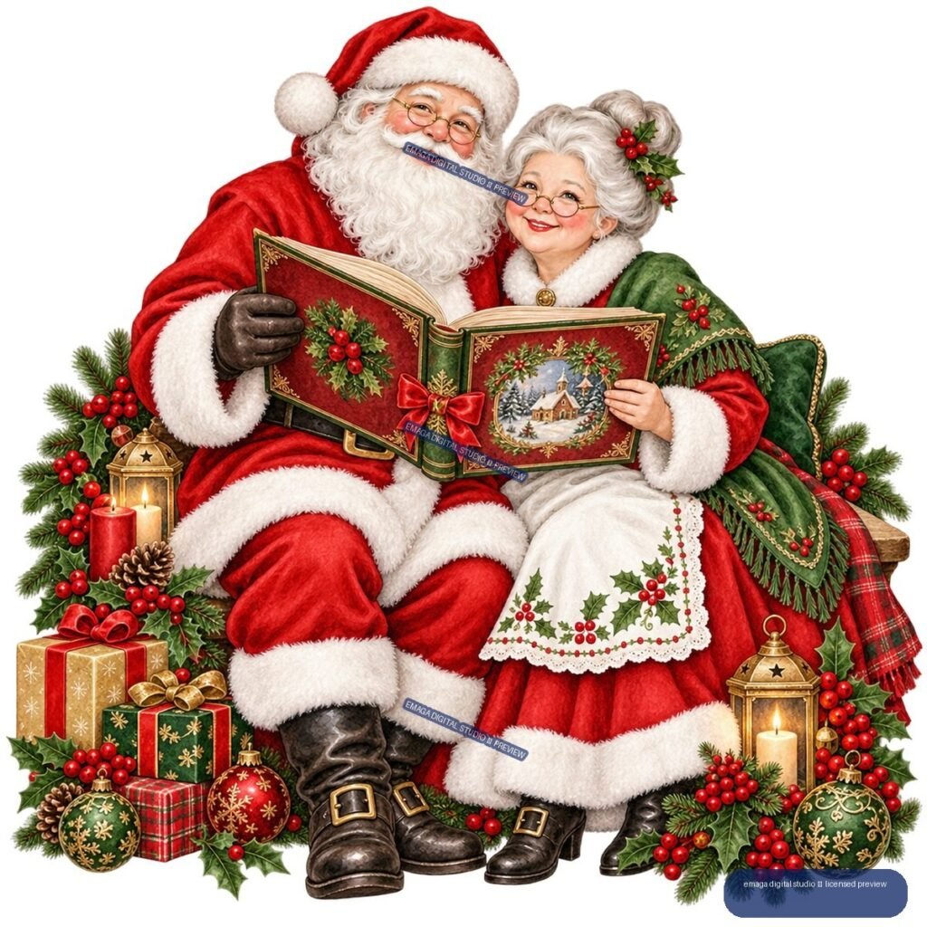 Santa and Mrs. Claus sit together reading an ornate Christmas book, surrounded by presents, holly, evergreen branches, ornaments, and lanterns.