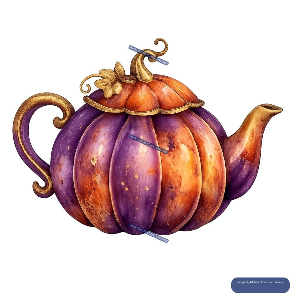 Ornate purple and orange pumpkin-shaped teapot with a curled handle, curved spout, flower detail, and decorative lid.