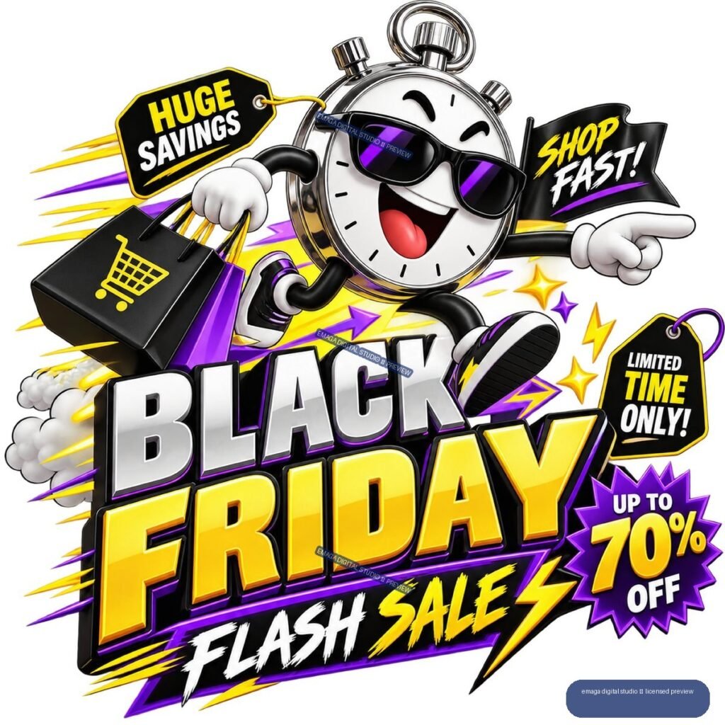 Cartoon stopwatch in sunglasses promoting a Black Friday flash sale, with shopping bags, sale tags, and bold black, yellow, purple, and white lettering.