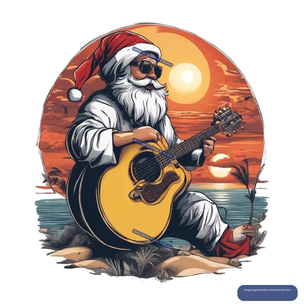 Illustration of Santa Claus in sunglasses playing an acoustic guitar on a beach at sunset, with palm trees and ocean water.