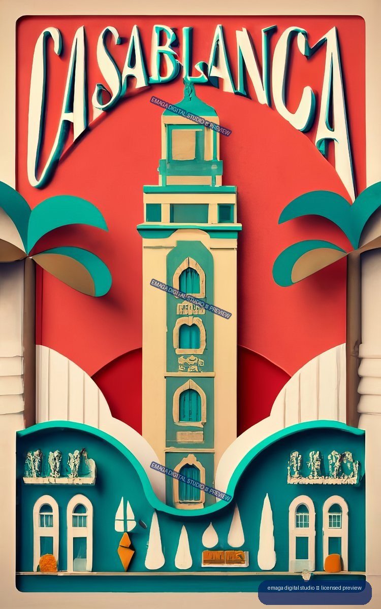 Stylized Art Deco poster for Casablanca with large cream lettering, a central turquoise and cream tower, and symmetrical Moroccan-inspired architecture on a red background.