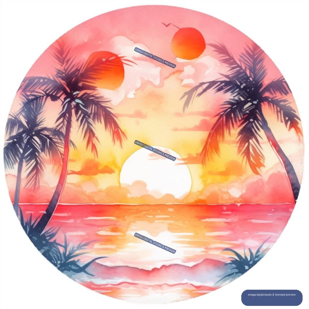 Circular tropical beach sunset with silhouetted palm trees, glowing sun, reflective ocean, clouds, and two birds in warm pink and orange tones.