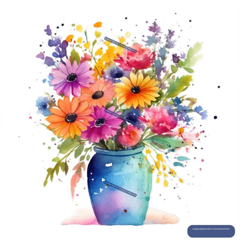 Colorful watercolor bouquet with purple, orange, yellow, pink, and blue flowers in a blue vase, surrounded by paint splatters.