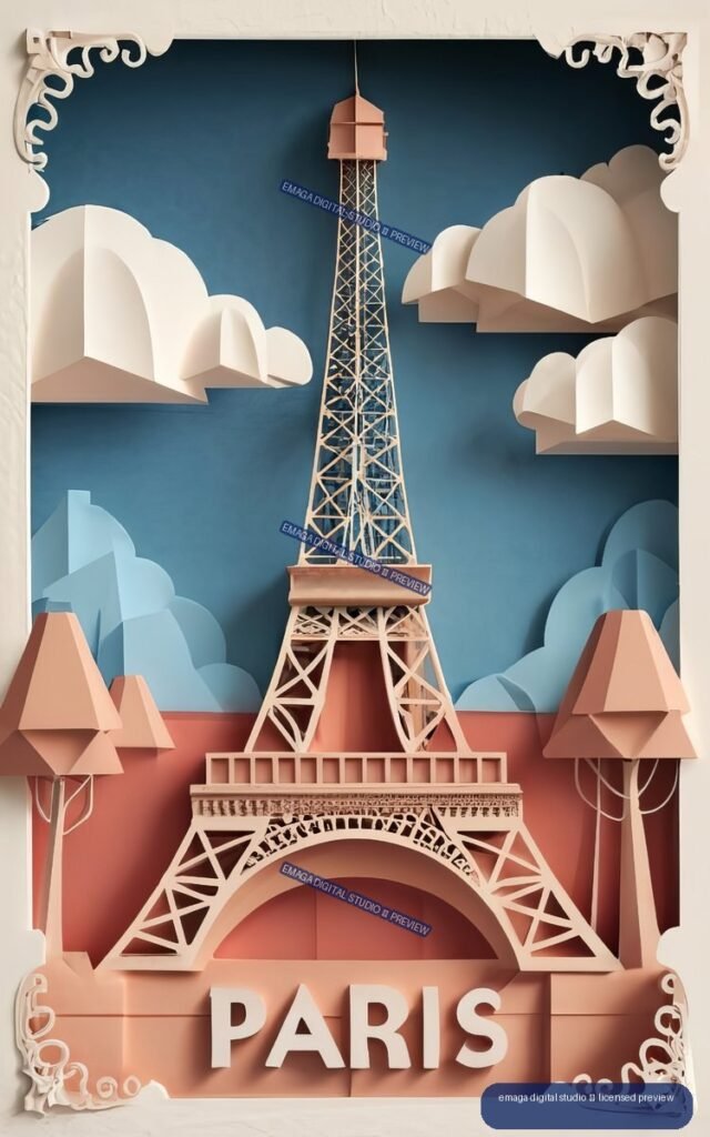 Layered paper-cut style travel poster of the Eiffel Tower framed by clouds and ornamental scrollwork, with PARIS printed at the bottom.